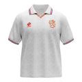 Hinchas Sportswear Store white Netherlands 1995 away retro jersey with all-over embossed lion pattern, red crest, and red, white, blue trim.
