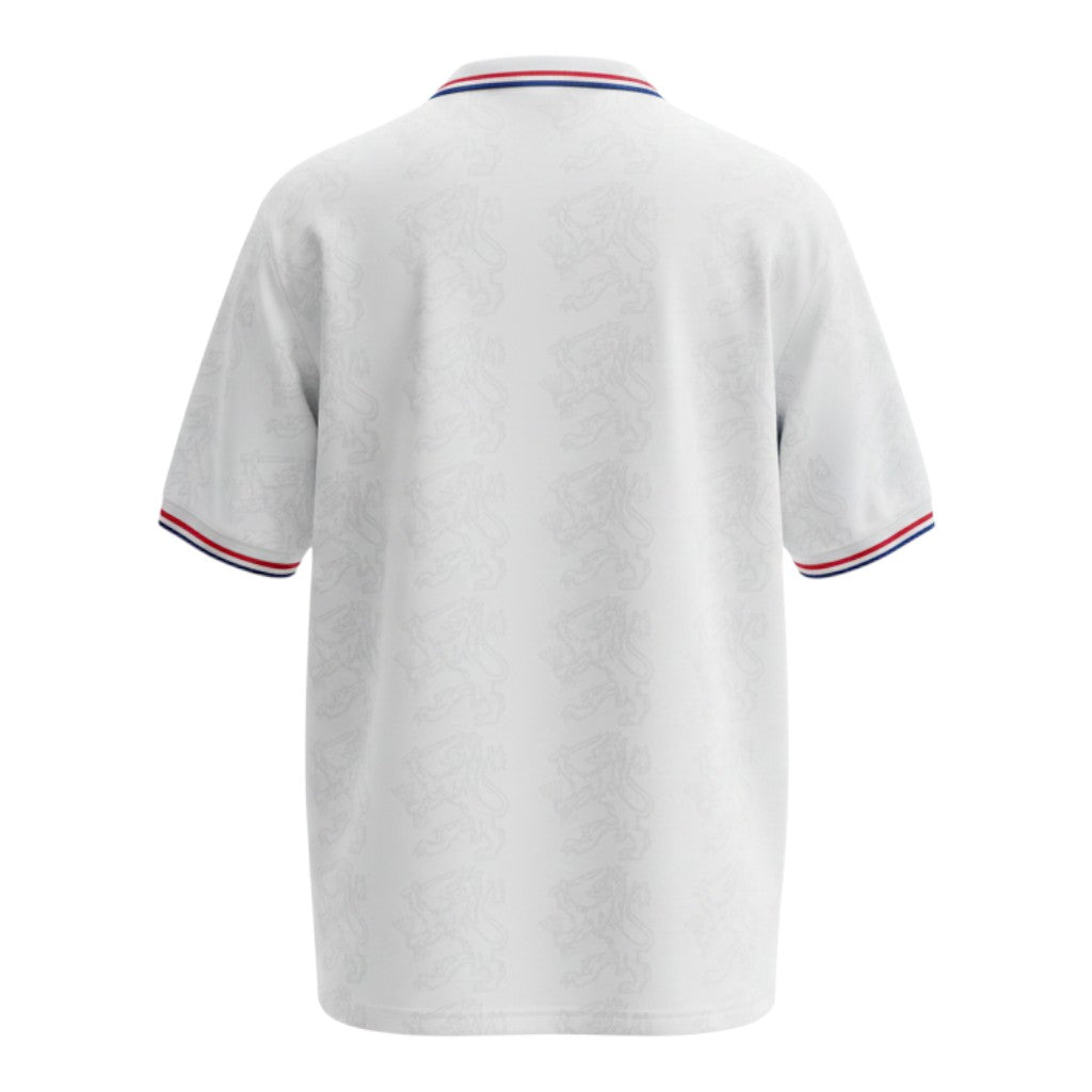 Hinchas Sportswear Store Netherlands 1995 away retro jersey, white with embossed lion pattern, polo collar, red, white, blue trim.
