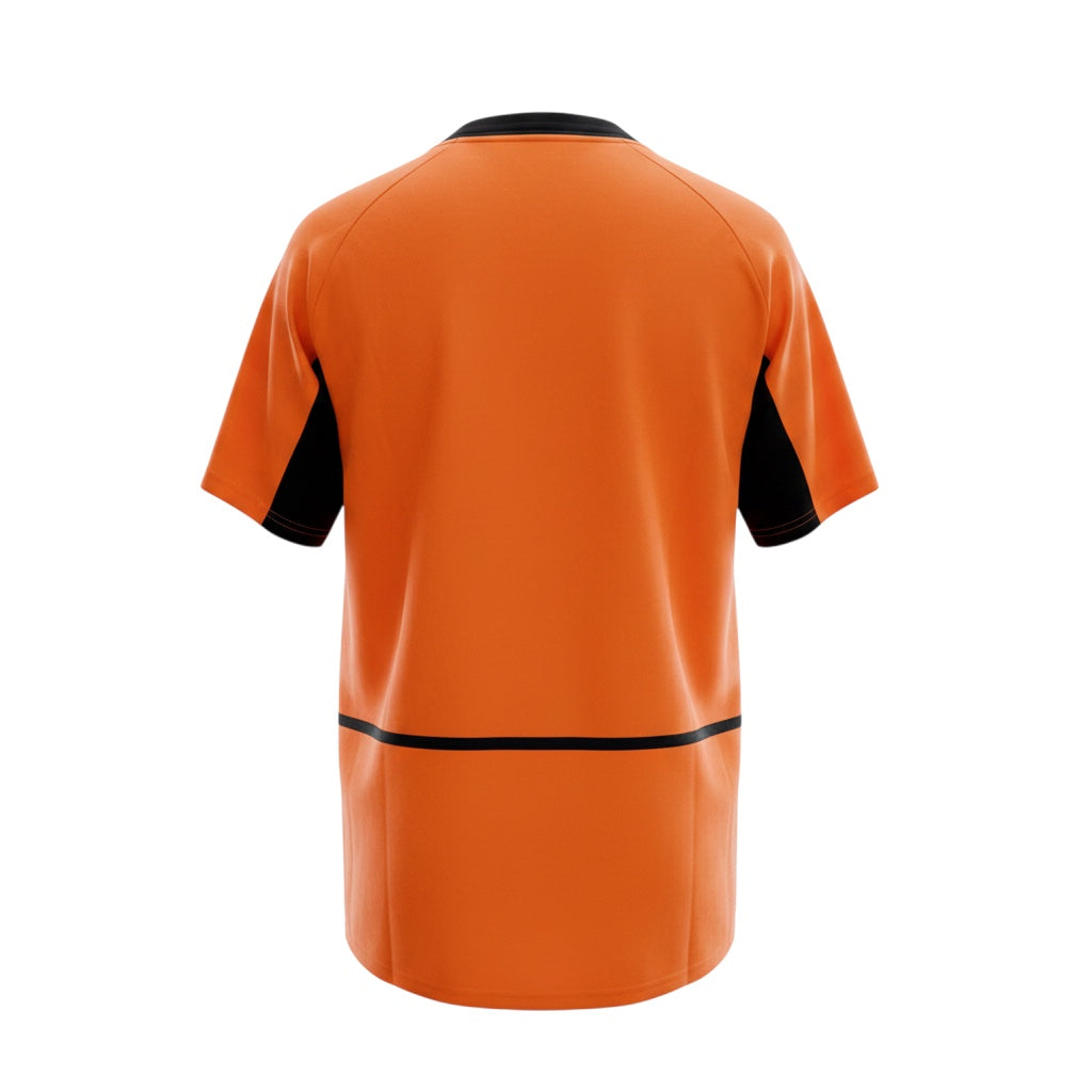 Hinchas Sportswear Store Netherlands 2002 retro home football shirt. Vibrant orange jersey with black crew neck, cuffs, and horizontal stripe.