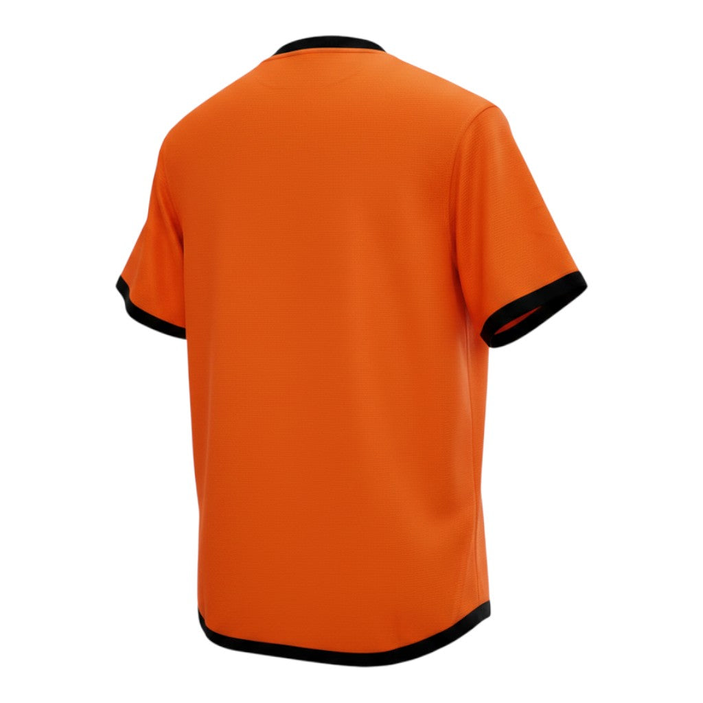 Hinchas Sportswear Store Netherlands 2012 retro jersey, orange Nike Dri-FIT shirt with black crew neck, cuffs, and hem.