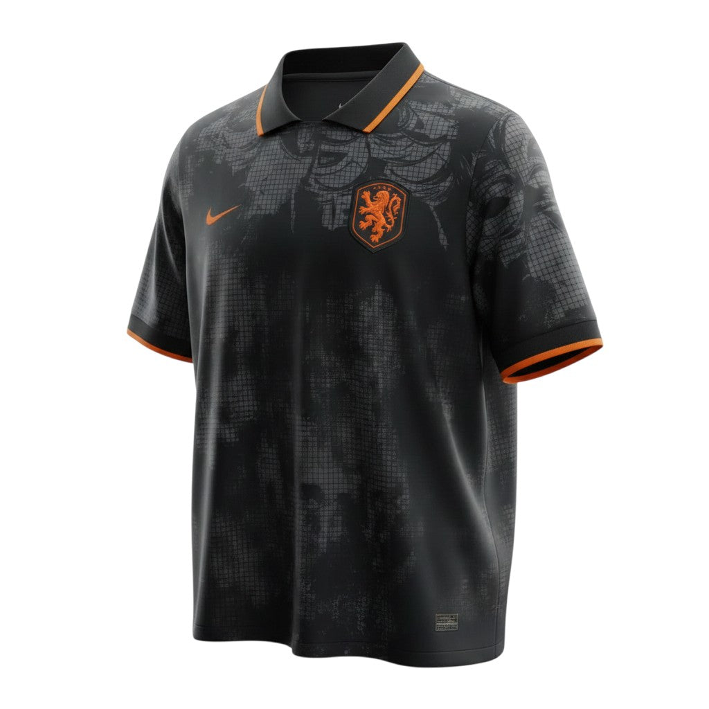 Hinchas Sportswear Store Netherlands black grunge away jersey with orange collar and cuffs, featuring KNVB crest and Nike Swoosh.
