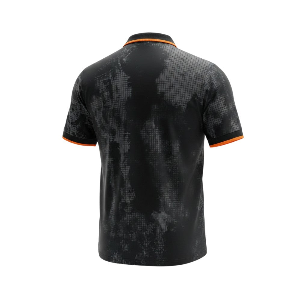 Hinchas Sportswear Store Netherlands away jersey black with grunge texture, orange collar and cuffs, Nike Dri-FIT