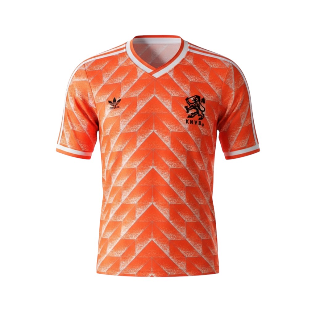 Hinchas Sportswear Store Netherlands retro 1988 home football kit. Iconic orange jersey with white Adidas stripes and crest.