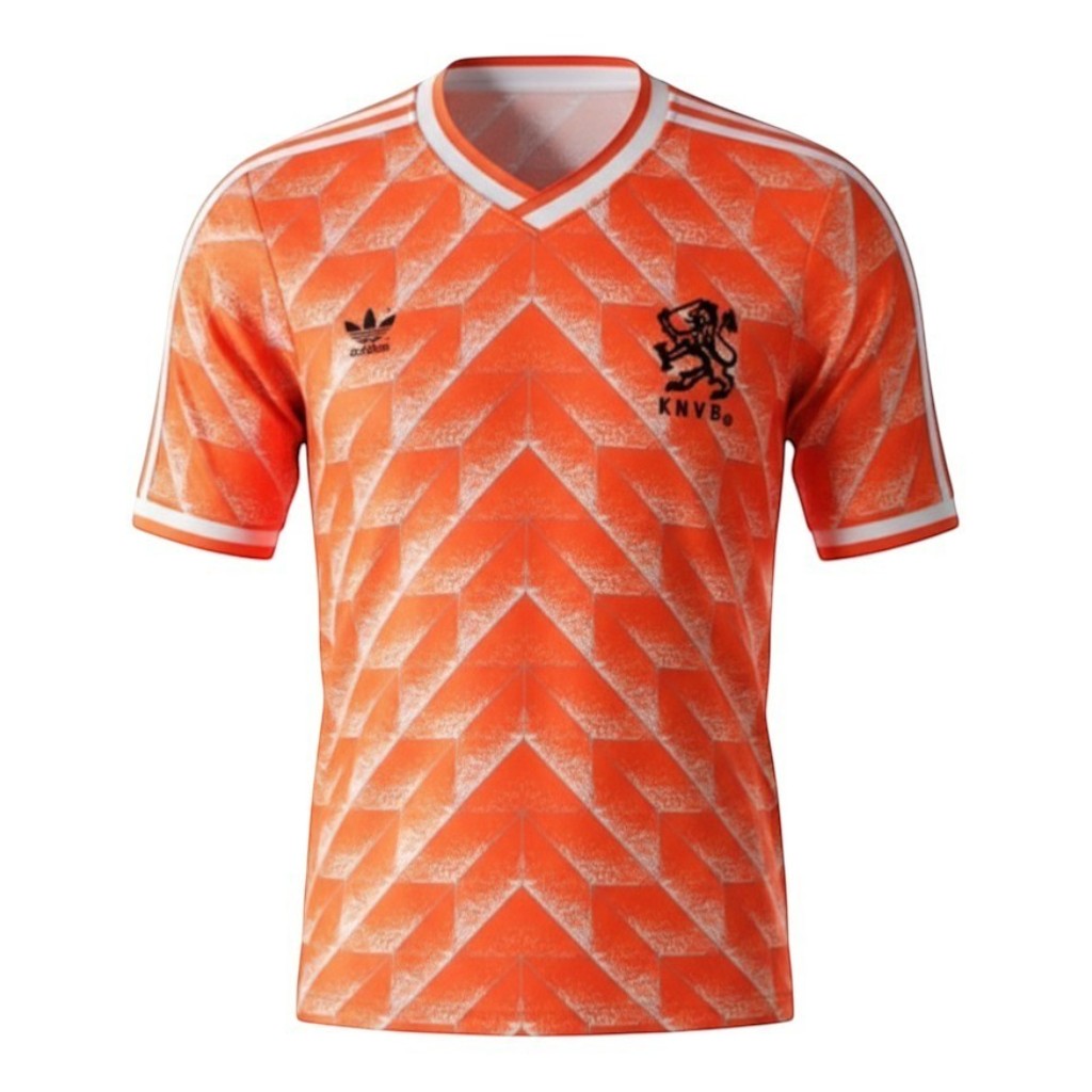 Hinchas Sportswear Store Netherlands retro 1988 home football kit. Iconic orange jersey with white Adidas stripes and crest.