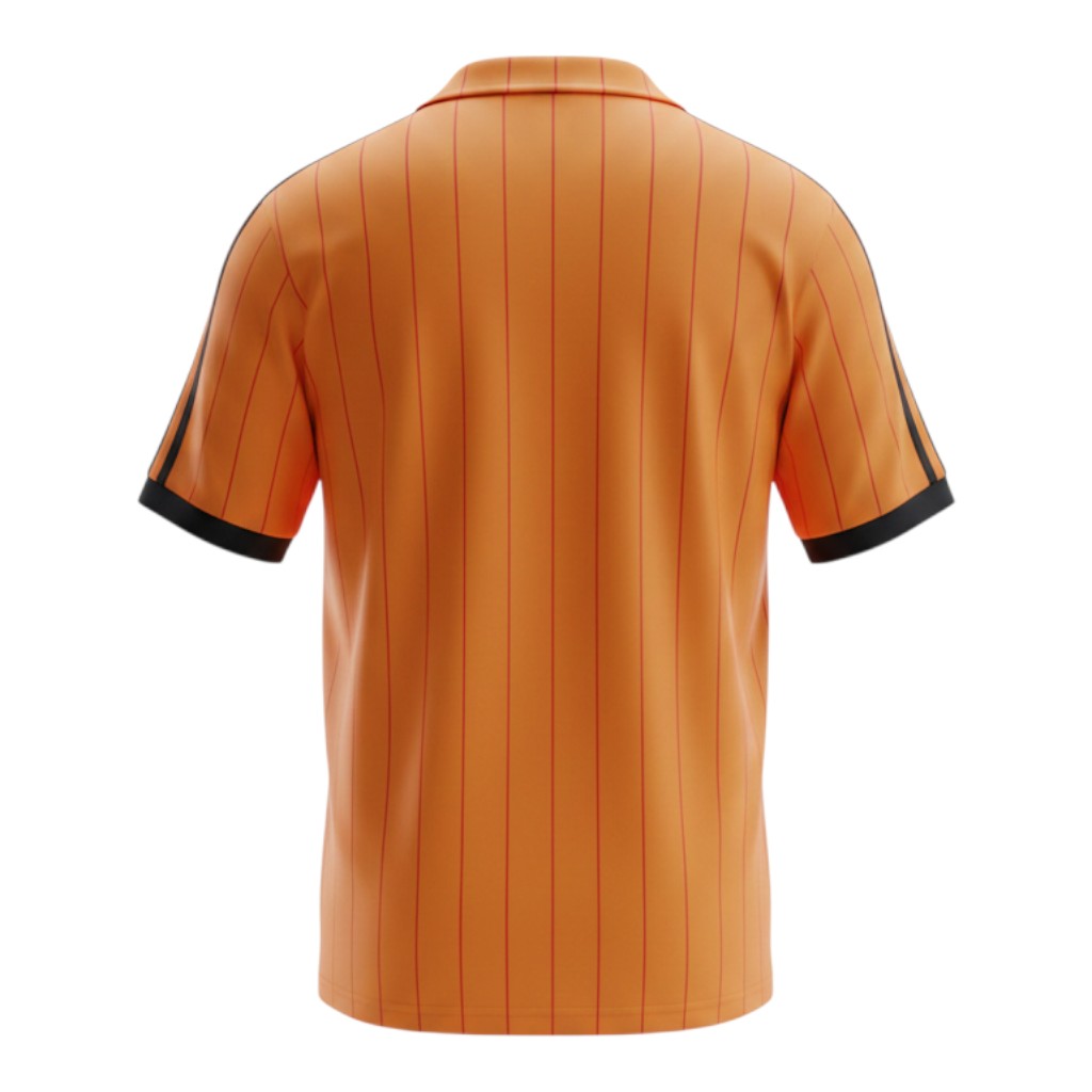 Hinchas Sportswear Store retro Netherlands 1974-1984 home football jersey. Orange with red pinstripes, black Adidas stripes on sleeves, V-neck.