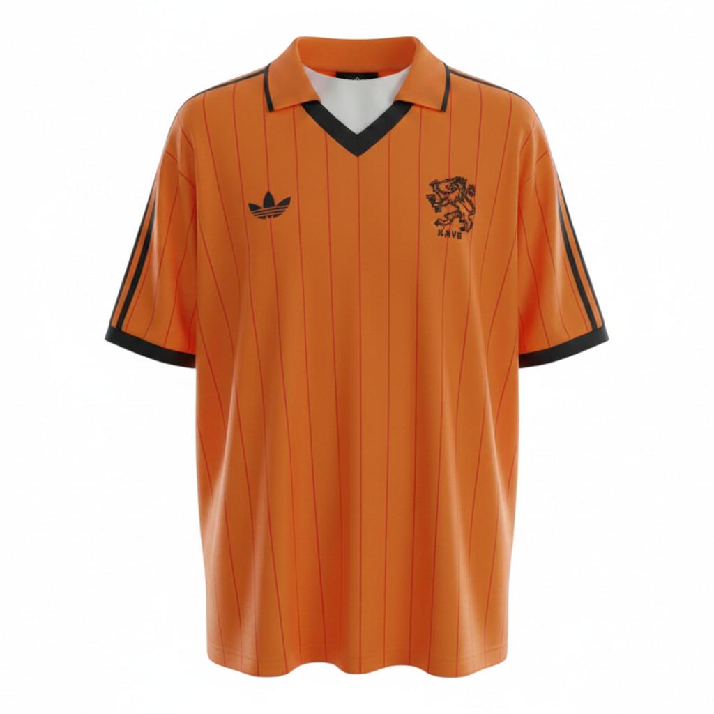 Hinchas Sportswear Store Netherlands 1974-1984 retro home jersey. Orange with red pinstripes, black Adidas stripes on sleeves, V-neck.