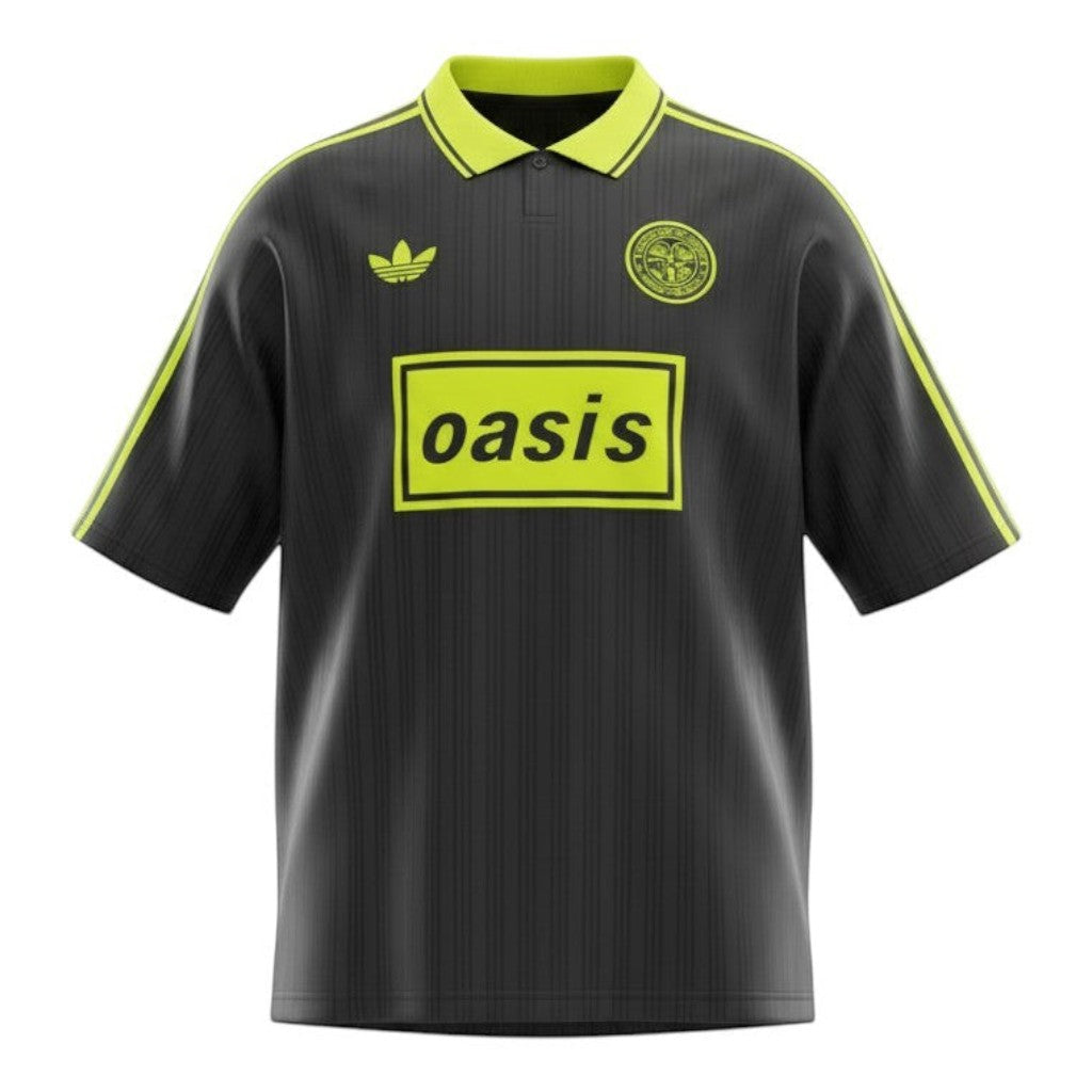 Hinchas Sportswear Store black and neon yellow Oasis x Adidas Originals retro jersey with pinstripe texture, polo collar, and bold logos.