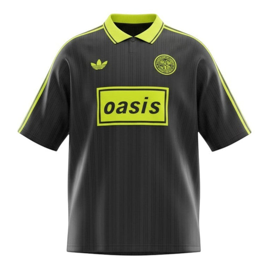 Hinchas Sportswear Store black and neon yellow Oasis x Adidas Originals retro jersey with pinstripe texture, polo collar, and bold logos.