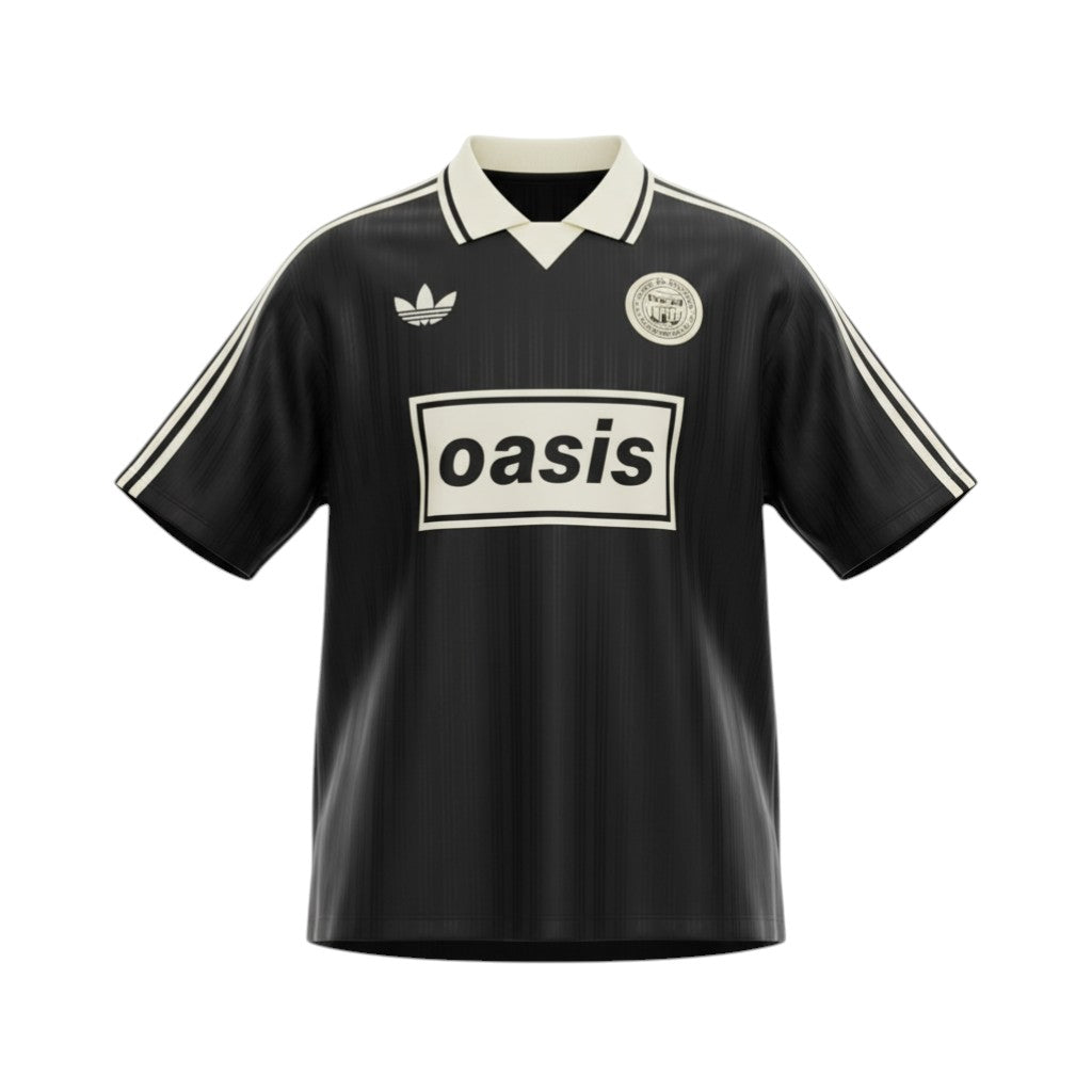 Hinchas Sportswear Store Oasis x Adidas Originals retro black jersey with white collar and stripes.