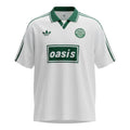 Hinchas Sportswear Store Oasis x Adidas Originals retro white jersey with green collar and stripes, featuring Oasis logo.