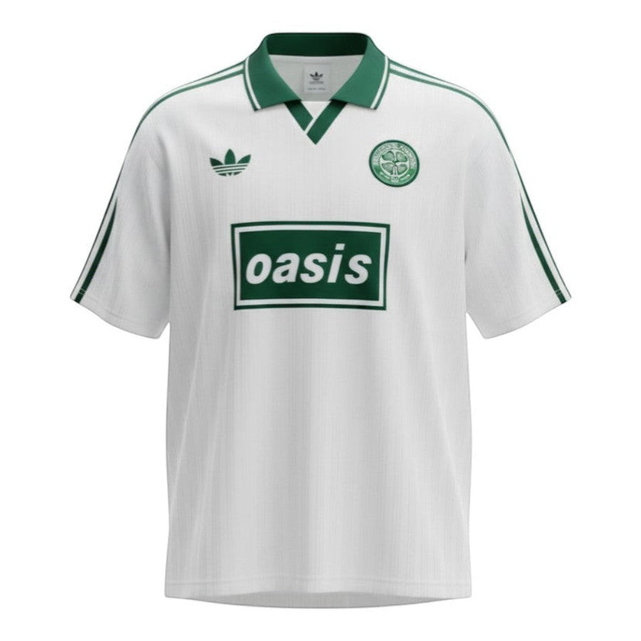 Hinchas Sportswear Store Oasis x Adidas Originals retro white jersey with green collar and stripes, featuring Oasis logo.