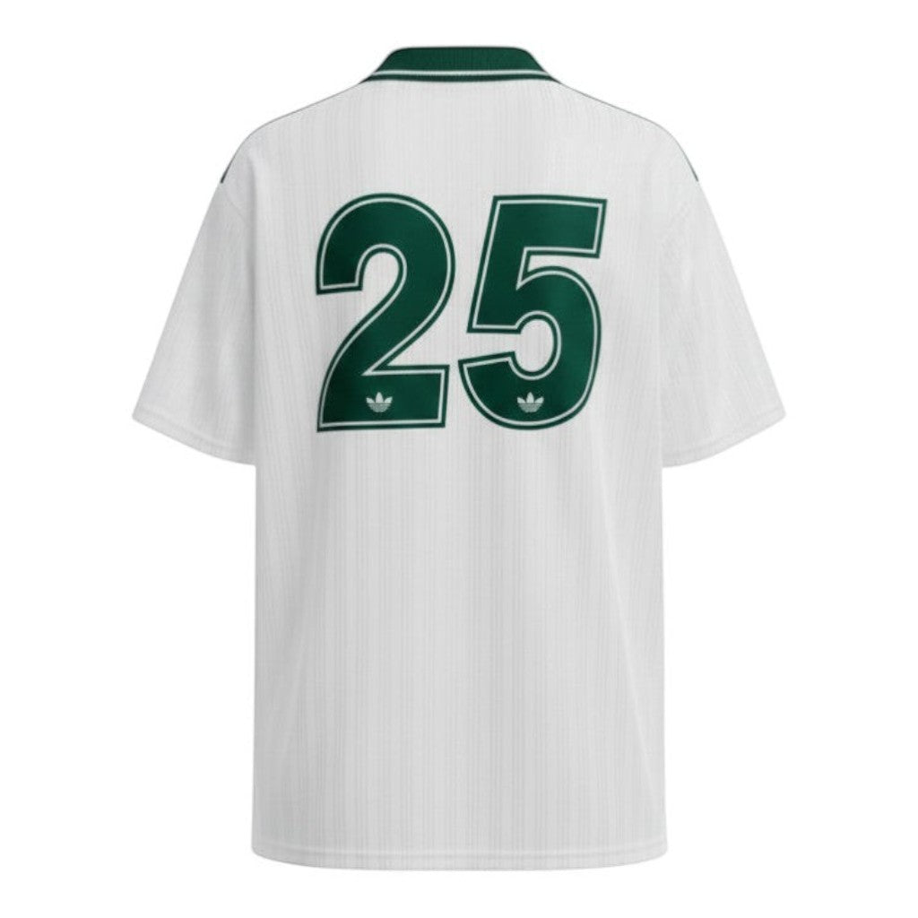 Hinchas Sportswear Store white Adidas Originals x Oasis retro jersey with green collar, number 25 and logos.