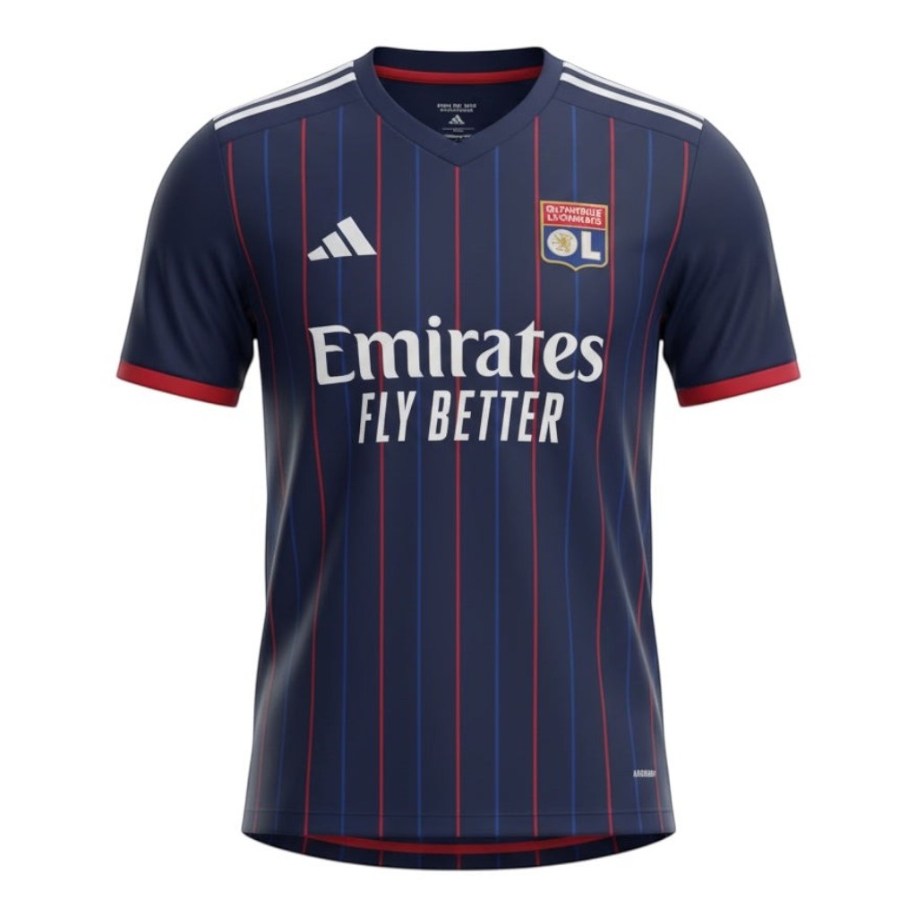 Hinchas Sportswear Store Olympique Lyon 2025/26 navy blue away jersey with red and blue vertical stripes, embroidered crest, and white Emirates Fly Better logo.