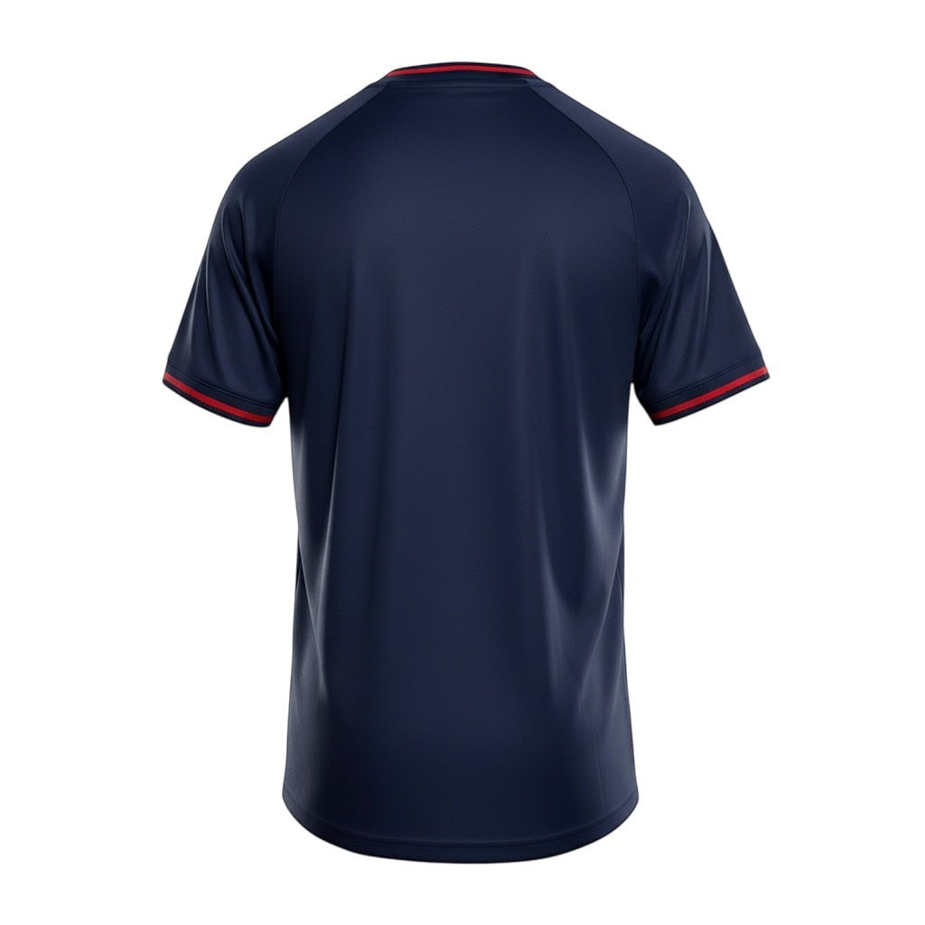 Hinchas Sportswear Store navy blue Olympique Lyon 2025/26 away jersey with white stripes on shoulders and red trim.