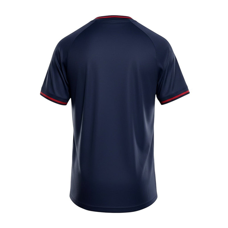 Hinchas Sportswear Store navy blue Olympique Lyon 2025/26 away jersey with white stripes on shoulders and red trim.