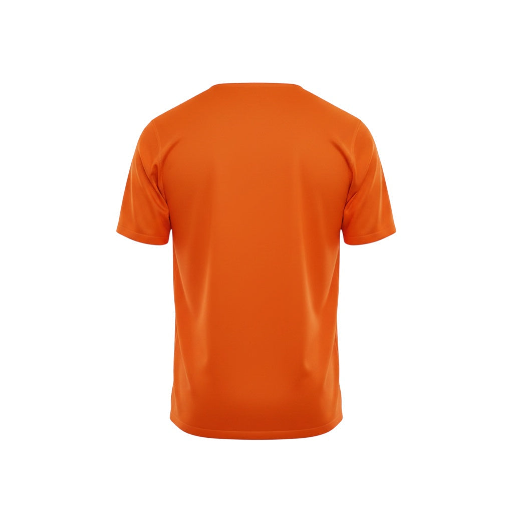 Camiseta retro de local de Países Bajos 2008 de Hinchas Sportswear Store, naranja vibrante con cuello en V blanco y ribetes tricolores, etiqueta 'NEDERLAND' en la nuca.
