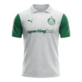 Hinchas Sportswear Store Palmeiras 2025/26 white away jersey with green sleeves, polo collar, and embroidered crest.