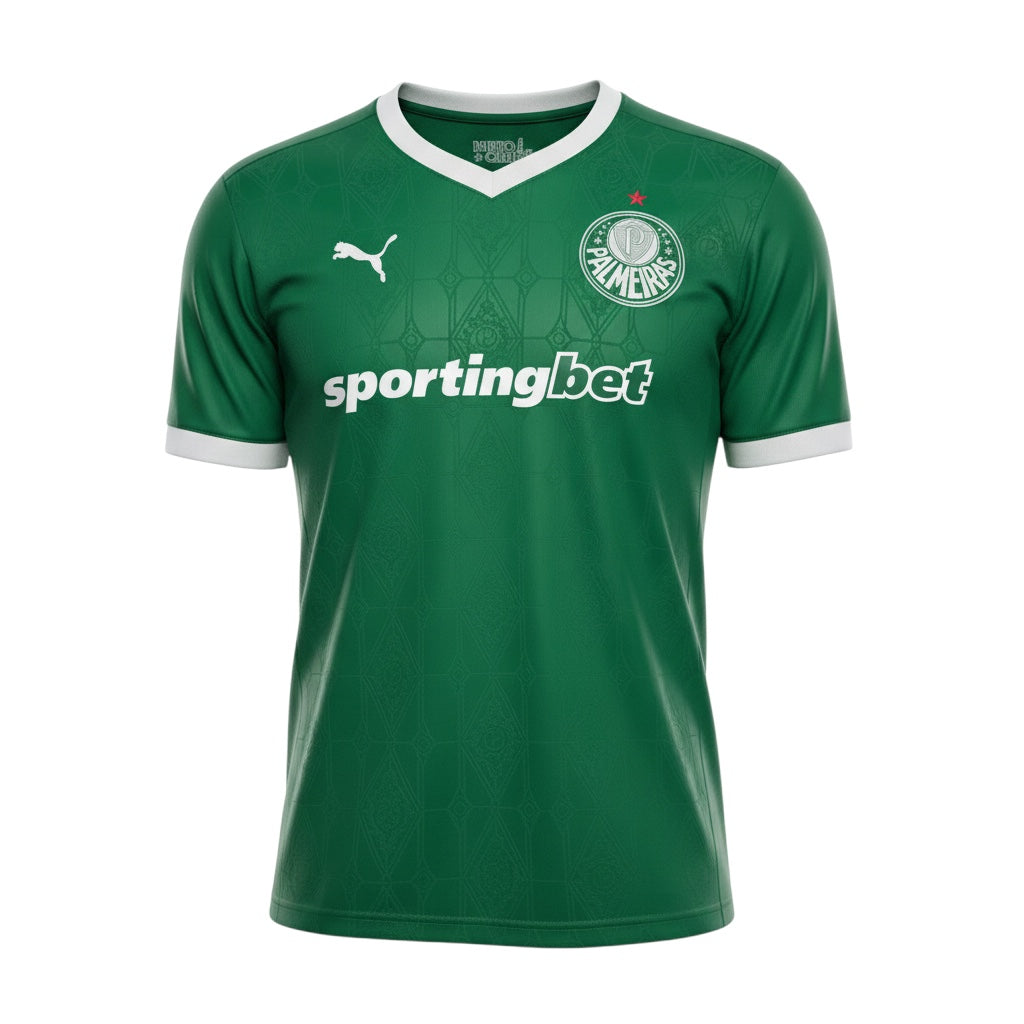 Hinchas Sportswear Store Palmeiras 2025/26 green Puma football jersey with white V-neck and cuffs, geometric pattern, and crest.