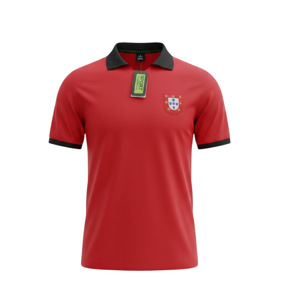 Camiseta de fútbol retro Hinchas Sportswear Store Portugal 1972, roja con cuello polo negro y escudo FPF bordado.