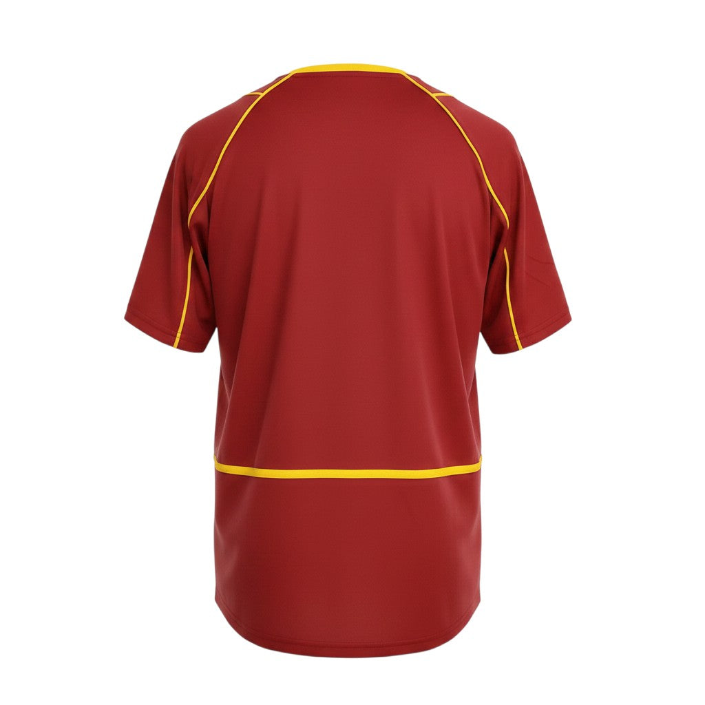 Hinchas Sportswear Store Portugal 2002 Home Jersey Retro. Red shirt with yellow trim on collar and sleeves, and a yellow stripe across the back hem.