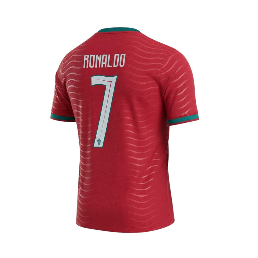 Hinchas Sportswear Store Portugal WC2026 home jersey with Cristiano Ronaldo #7. Red with wave pattern and green trim.