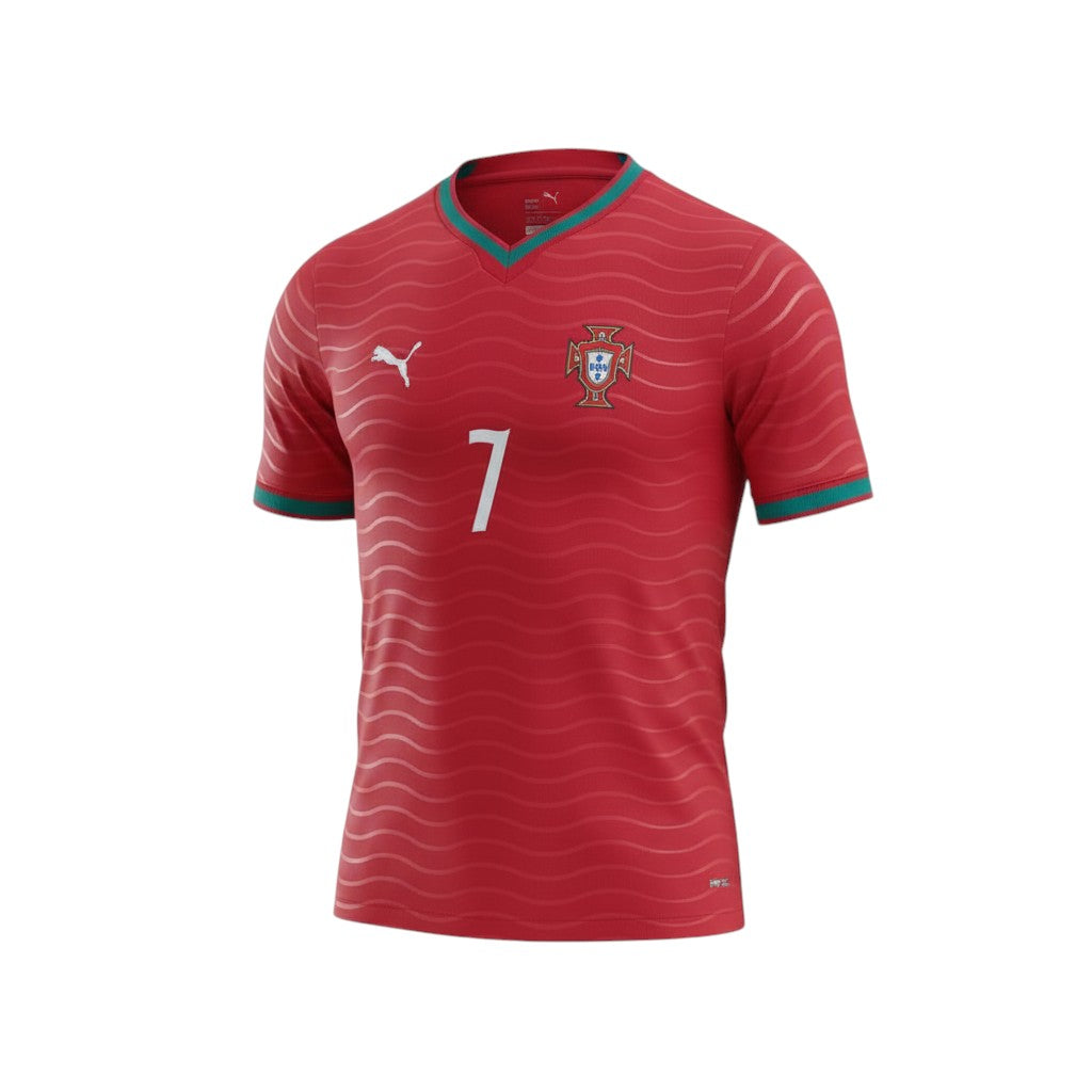 Hinchas Sportswear Store Portugal WC2026 home jersey in red with green trim, featuring Cristiano Ronaldo #7 and the FPF crest.