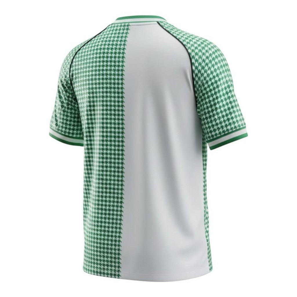 Hinchas Sportswear Store Real Racing Club Santander retro jersey with split white and green houndstooth design, green sleeves and V-neck.