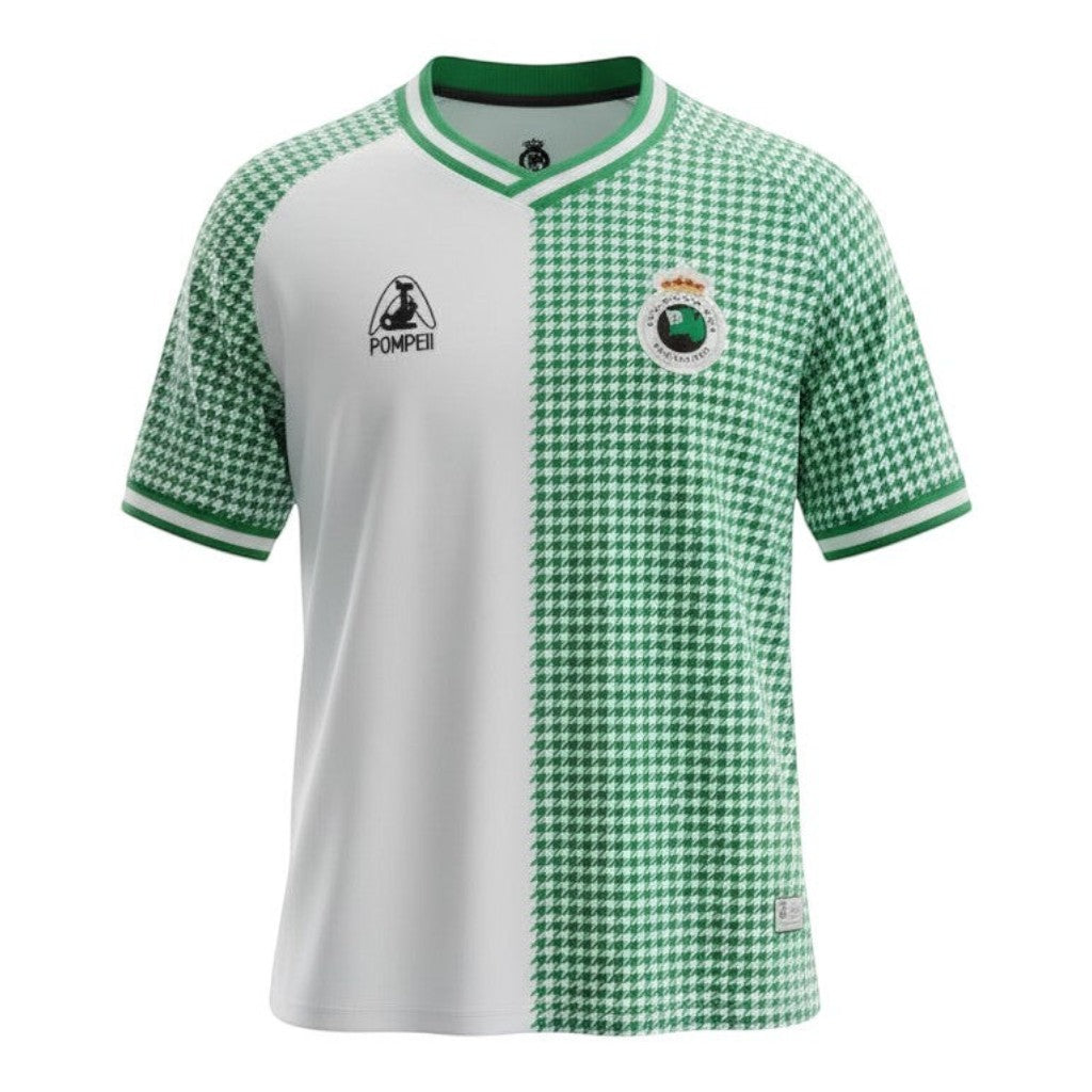 Hinchas Sportswear Store Real Racing Club Santander retro jersey with split white and green houndstooth design, V-neck.