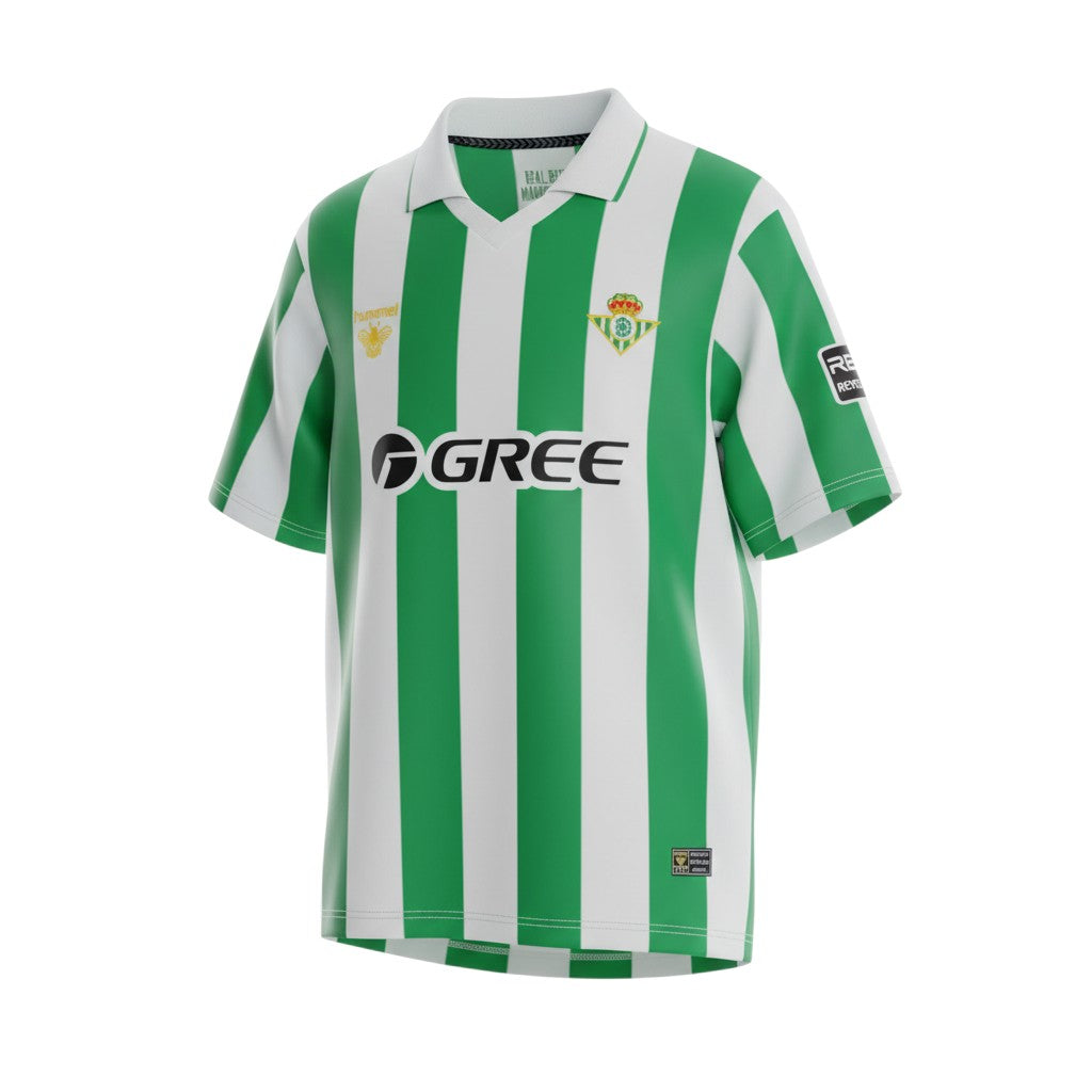 Hinchas Sportswear Store Real Betis 2025/26 retro home jersey, green and white vertical stripes, white polo collar, Hummel logo, GREE sponsor.