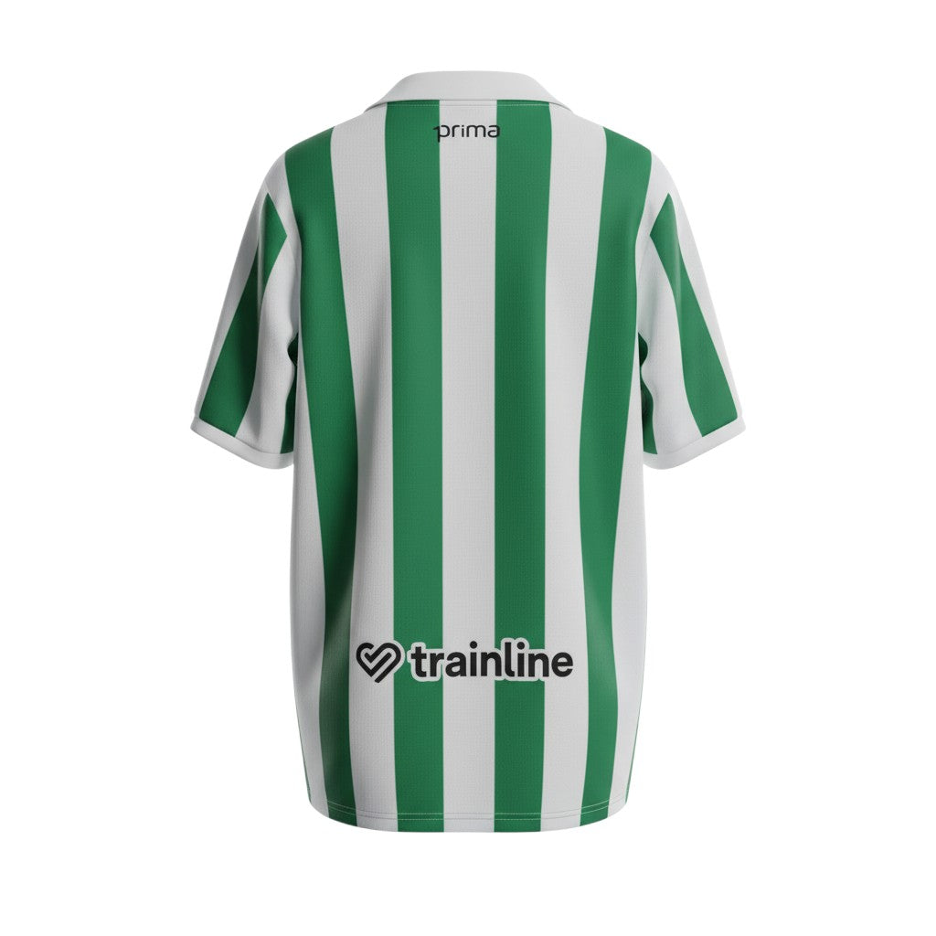 Hinchas Sportswear Store Real Betis 2025/26 retro home jersey, green and white vertical stripes, polo collar, Trainline sponsor.