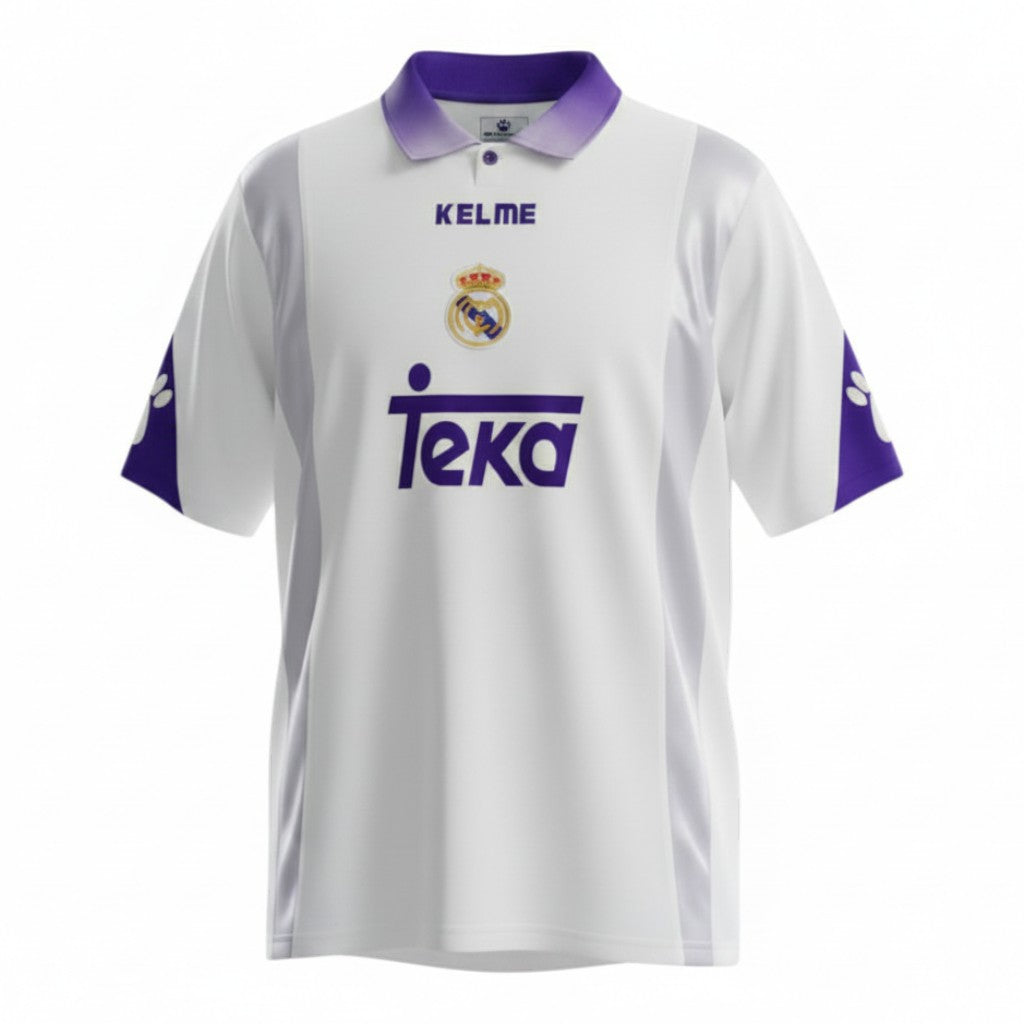 Hinchas Sportswear Store Real Madrid 1994-95 white retro jersey by Kelme with purple collar, Teka sponsor, and silver side panels.