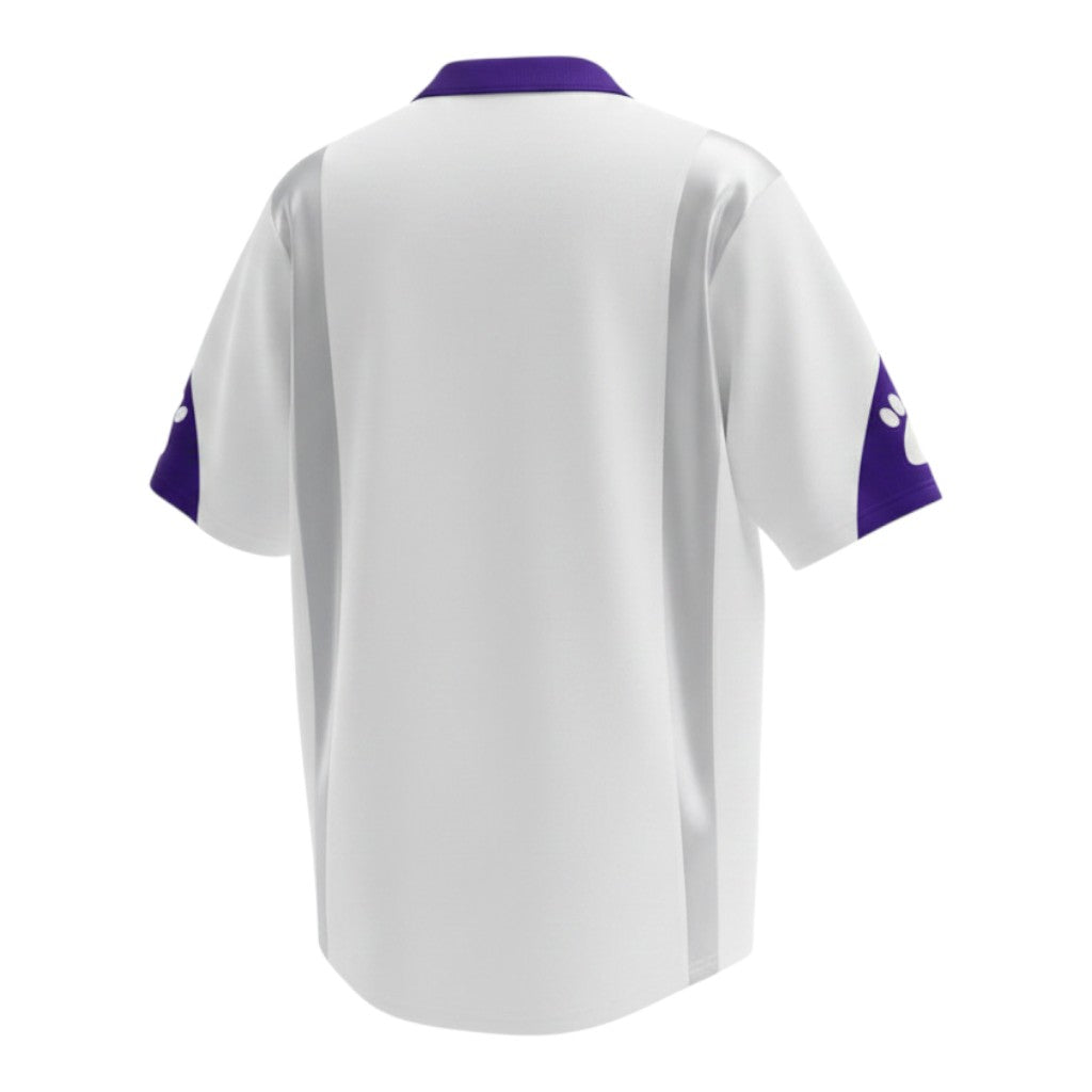 Hinchas Sportswear Store Real Madrid 1994-95 retro home jersey, white with purple collar and sleeve details, featuring satin side panels and 'Real Madrid CF' script on the back collar.
