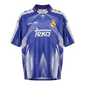 Hinchas Sportswear Store Real Madrid 1996-97 purple and white Kelme away jersey with Teka sponsor and paw print details.