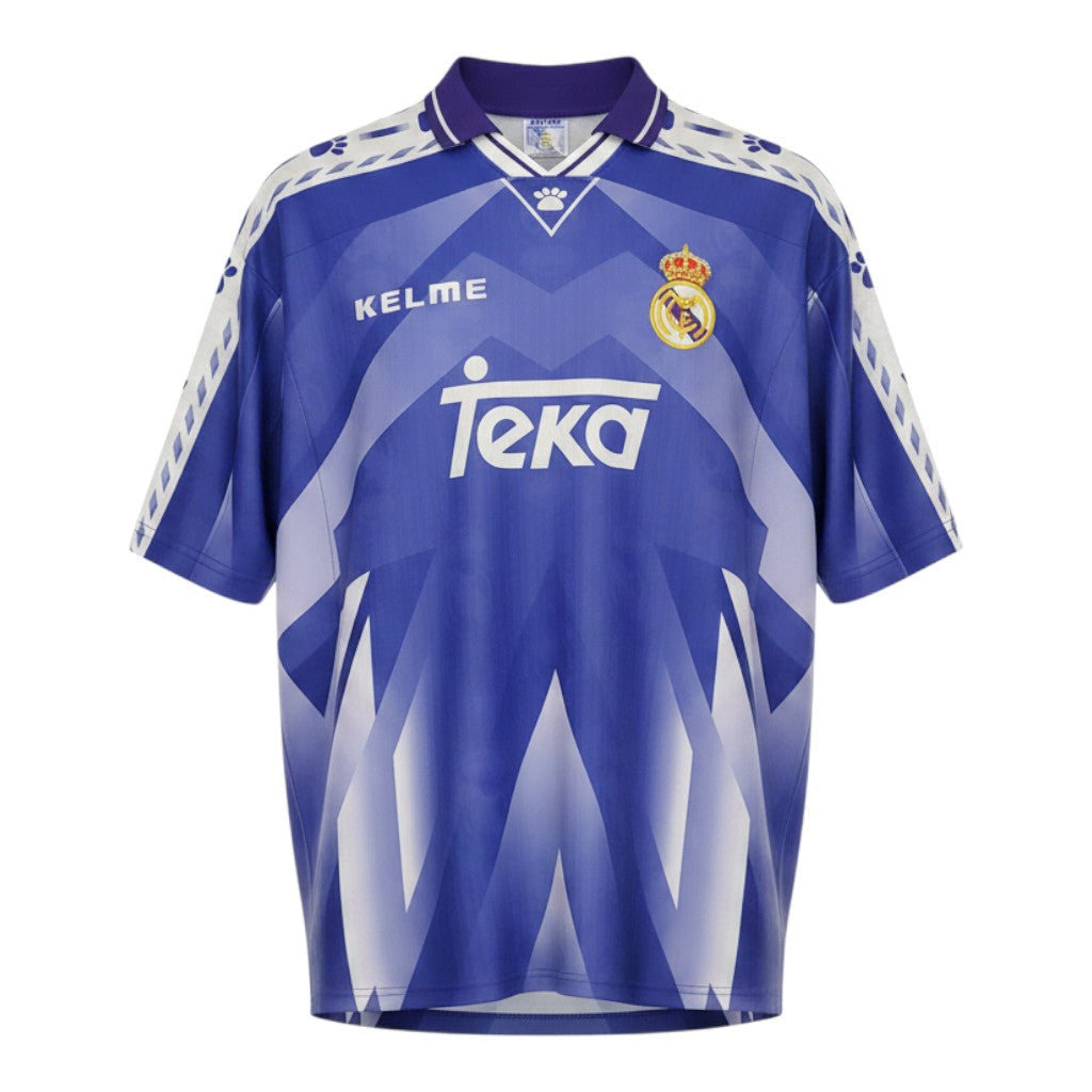 Hinchas Sportswear Store Real Madrid 1996-97 purple and white Kelme away jersey with Teka sponsor and paw print details.