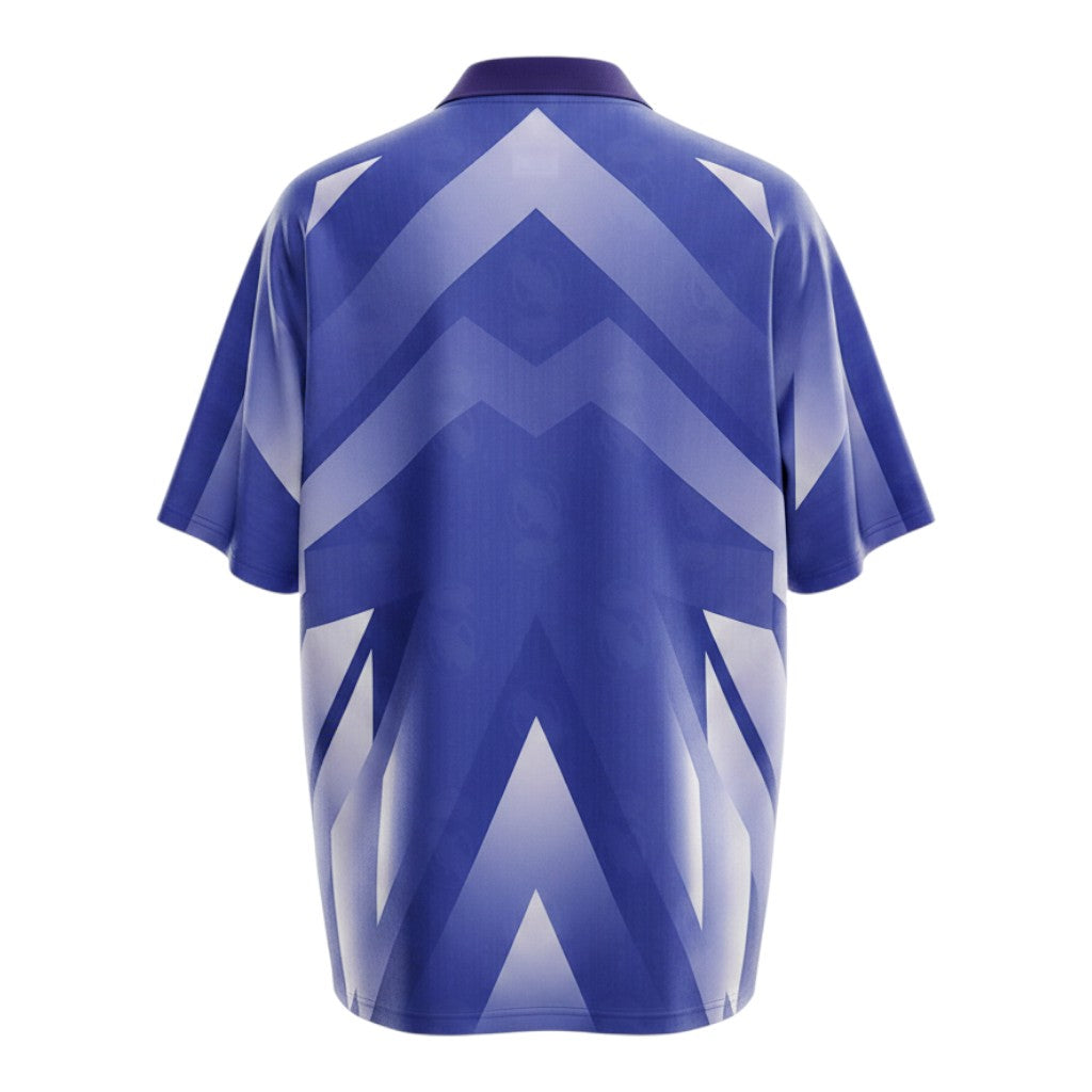 Hinchas Sportswear Store Real Madrid 1996-97 retro purple and white Kelme away jersey with geometric pattern and paw print details.
