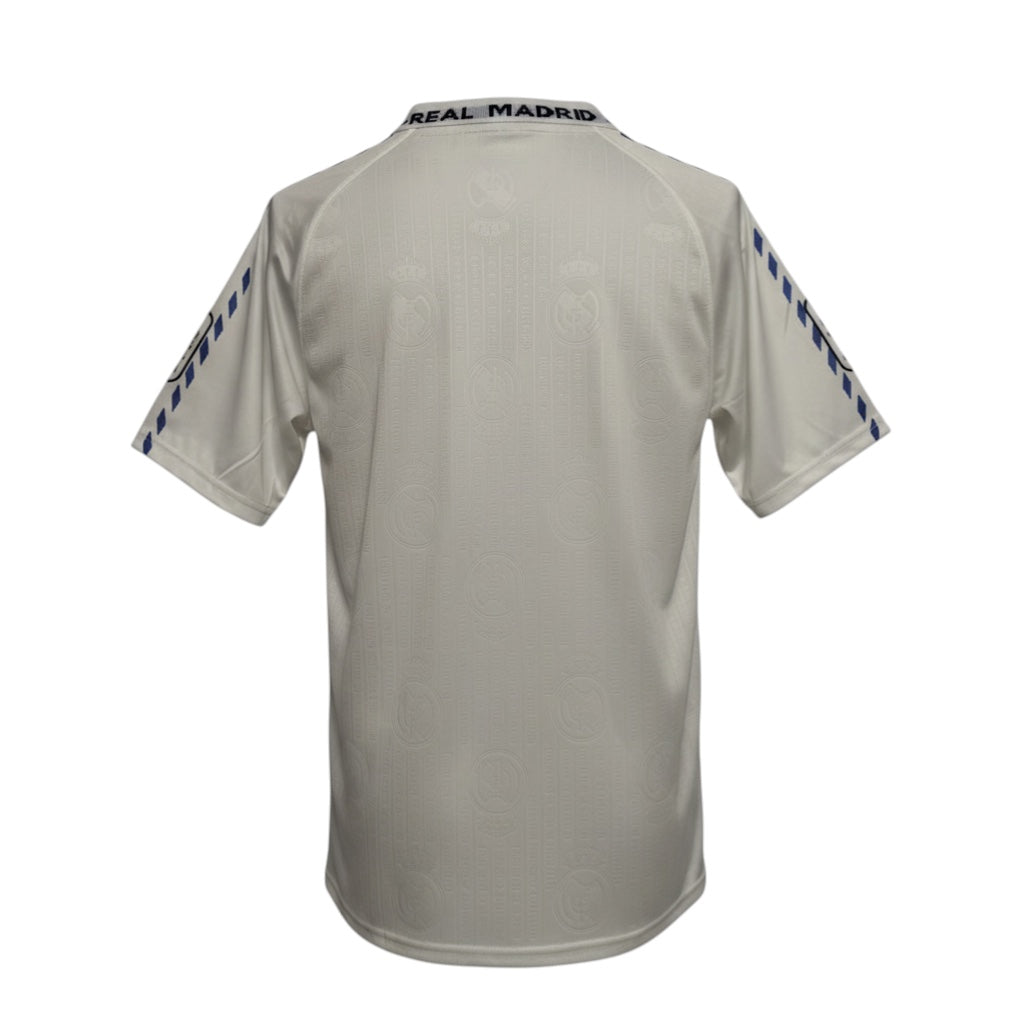 Hinchas Sportswear Store Real Madrid 1996-97 retro white football jersey with blue trim on sleeves and collar.