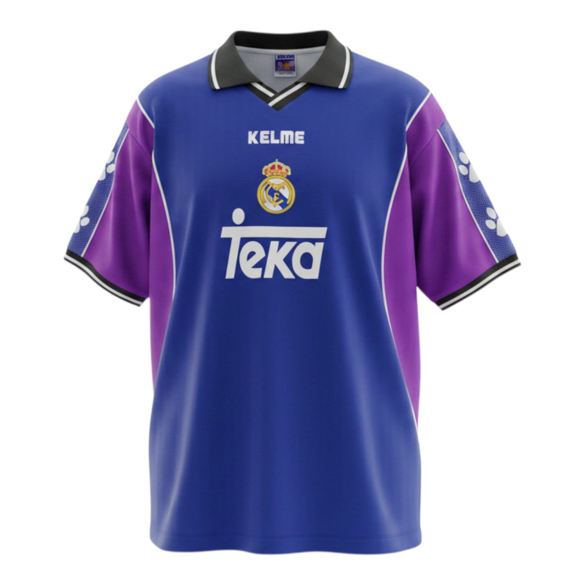 Hinchas Sportswear Store Real Madrid 1997-98 royal blue away jersey by Kelme with Teka sponsor and purple panels.