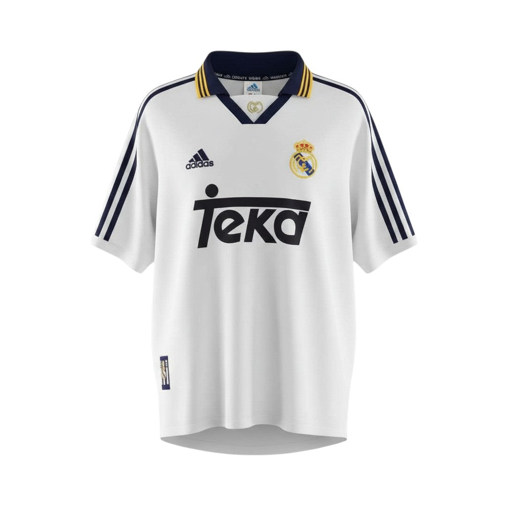 Hinchas Sportswear Store Real Madrid 1998-99 retro home jersey. White Adidas shirt with navy and yellow striped polo collar, Teka sponsor, and Centenary badge.