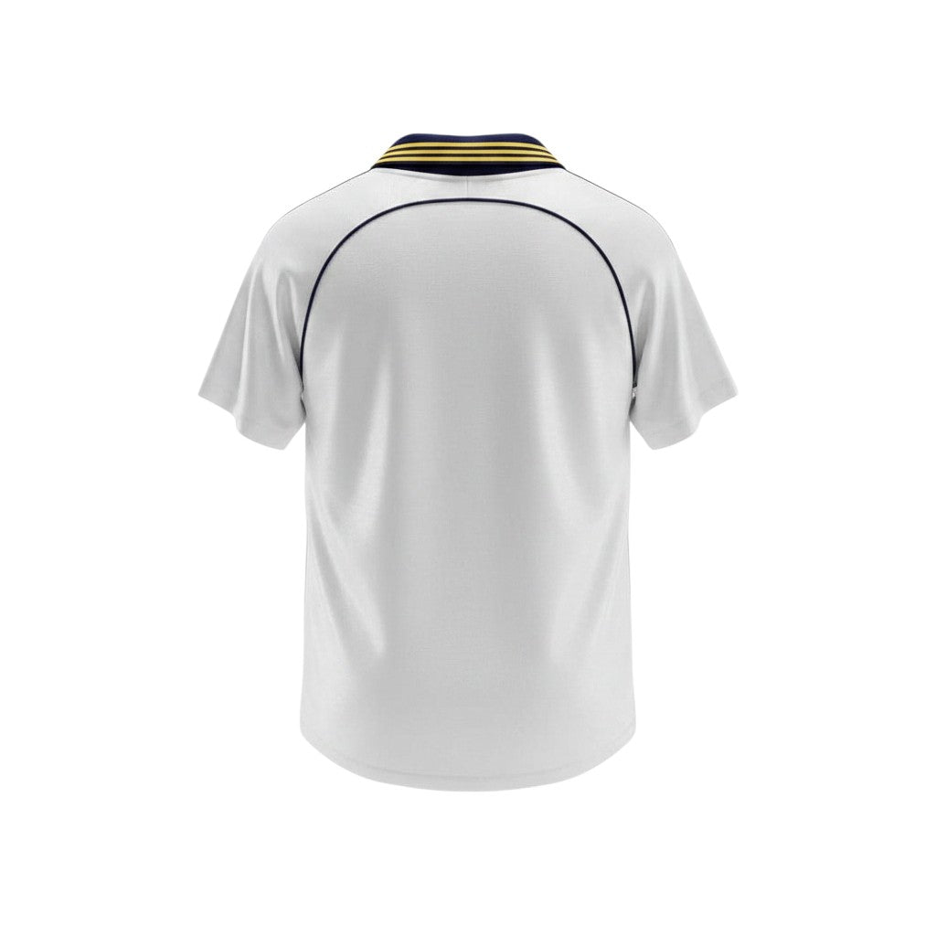 Hinchas Sportswear Store Real Madrid 1998-99 retro home jersey, white with navy and yellow striped polo collar and Adidas stripes.