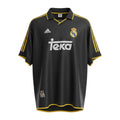 Hinchas Sportswear Store: Black Real Madrid 1999-2000 away jersey by Adidas with gold stripes and Teka sponsor.