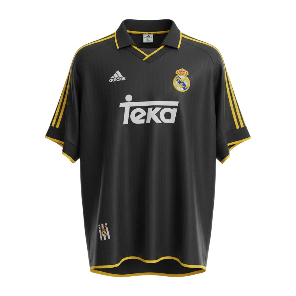 Hinchas Sportswear Store: Black Real Madrid 1999-2000 away jersey by Adidas with gold stripes and Teka sponsor.