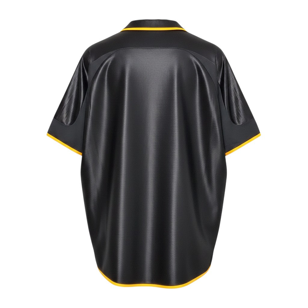 Hinchas Sportswear Store: Real Madrid 1999-2000 retro away jersey, black with gold trim and Adidas stripes.