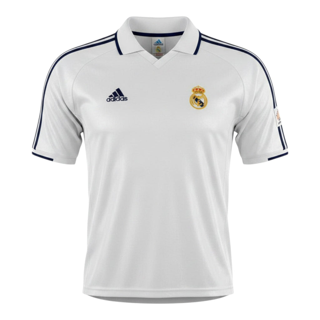 Hinchas Sportswear Store white Adidas Real Madrid 2002-03 retro home jersey with navy stripes and centenary badge.