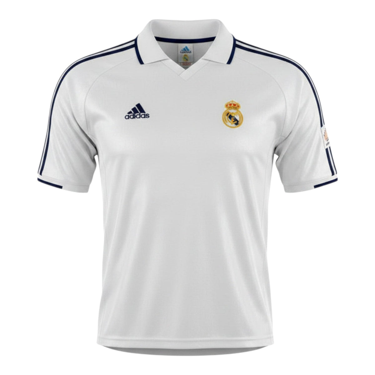 Hinchas Sportswear Store white Adidas Real Madrid 2002-03 retro home jersey with navy stripes and centenary badge.