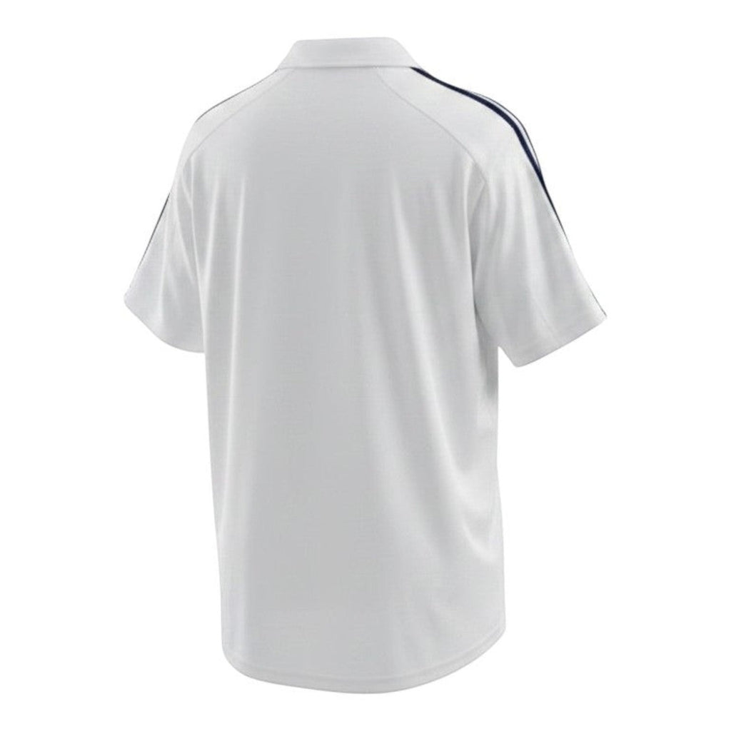 Hinchas Sportswear Store white Real Madrid 2002-03 retro jersey with navy blue Adidas stripes on shoulders and Centenary badge.