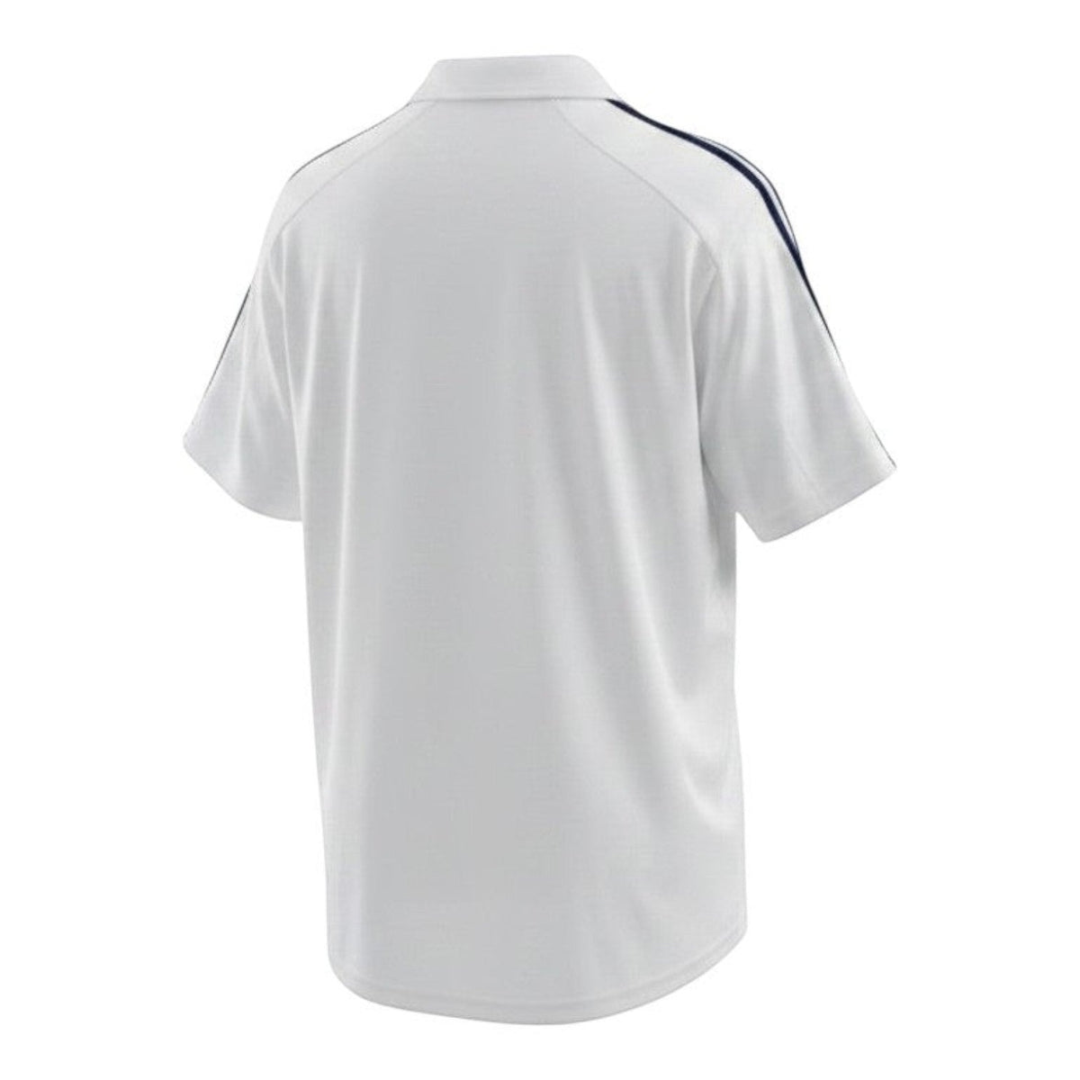 Hinchas Sportswear Store white Real Madrid 2002-03 retro jersey with navy blue Adidas stripes on shoulders and Centenary badge.
