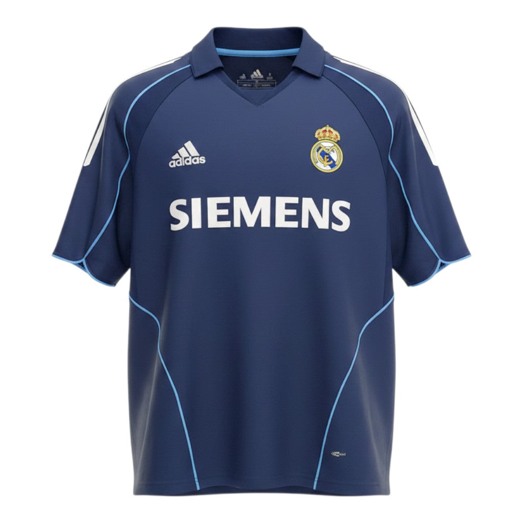 Hinchas Sportswear Store navy blue Real Madrid 2005-06 away jersey with white Adidas stripes and light blue piping. Features Siemens sponsor and V-neck polo collar.