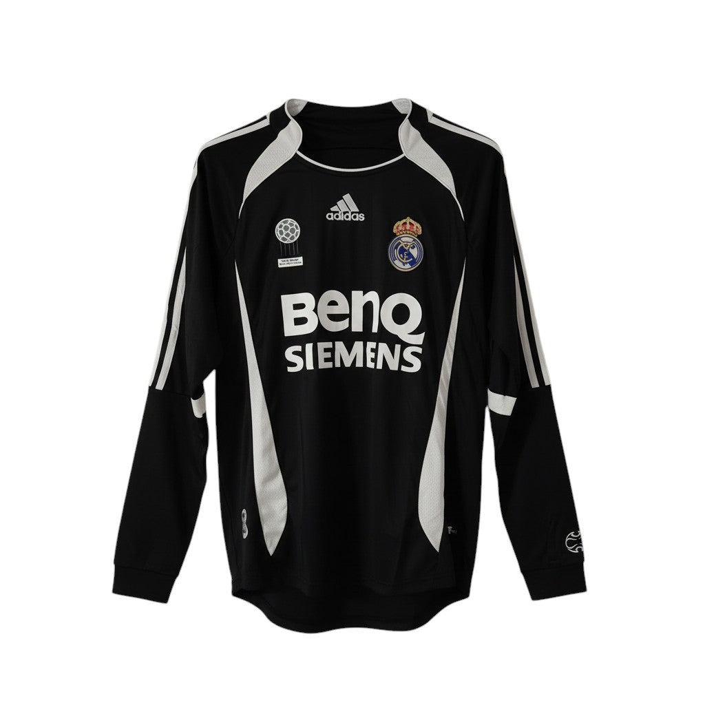Hinchas Sportswear Store Real Madrid 2006-07 retro long sleeve away jersey, black with white Adidas stripes and details, BenQ Siemens sponsor.