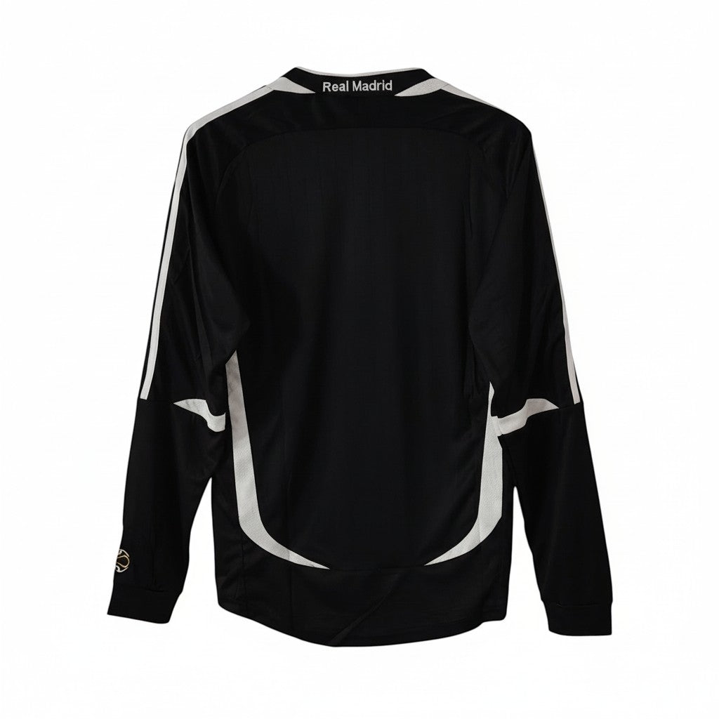 Hinchas Sportswear Store Real Madrid 2006-07 retro long sleeve away jersey, black with white Adidas stripes and details.