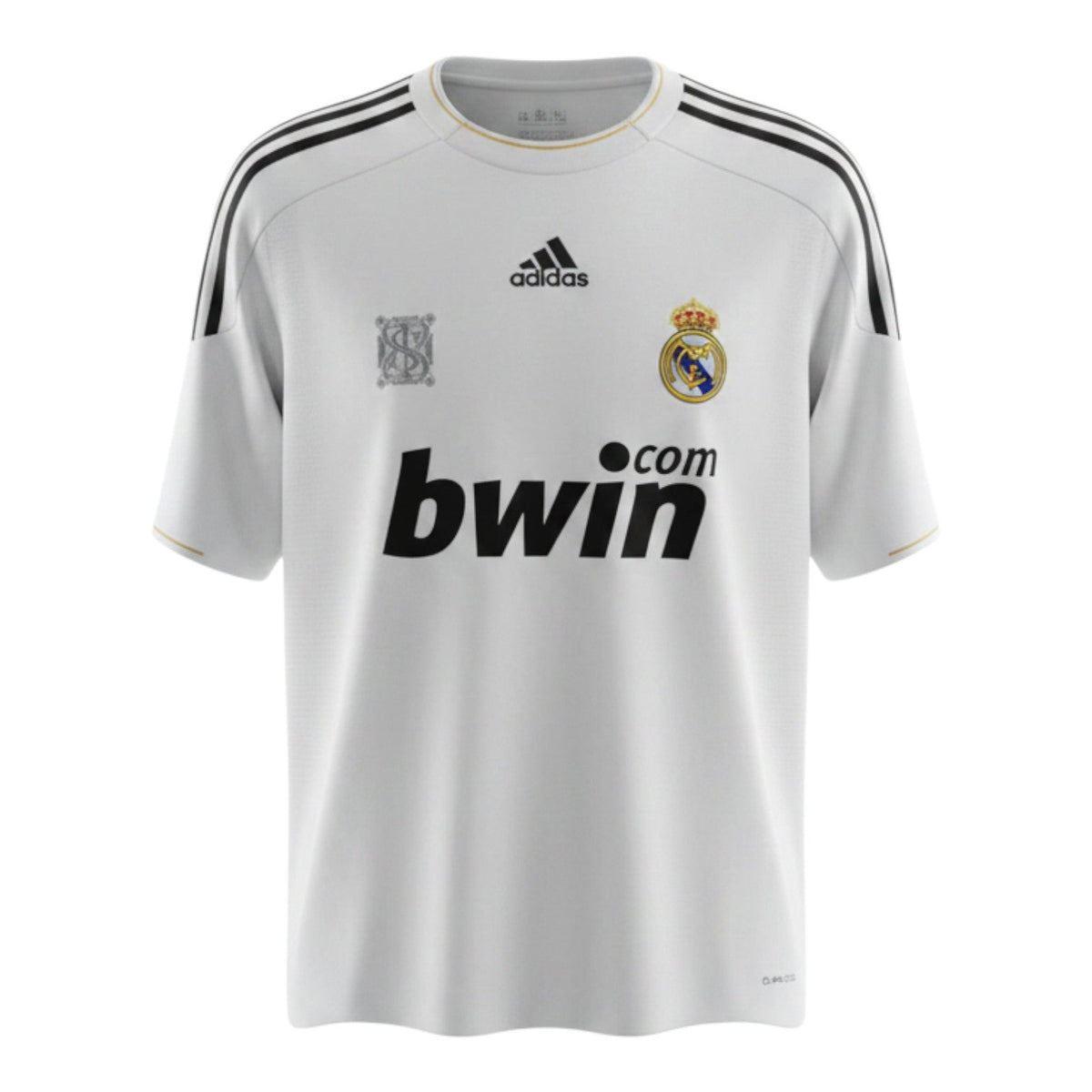 Hinchas Sportswear Store white Adidas Real Madrid 2009-10 retro jersey with black stripes, gold piping, bwin sponsor, and Climacool tech.